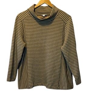 J Jill Seamed Mock Neck Top Women XL Petite Tan Gray Stripe 100% Cotton Pullover